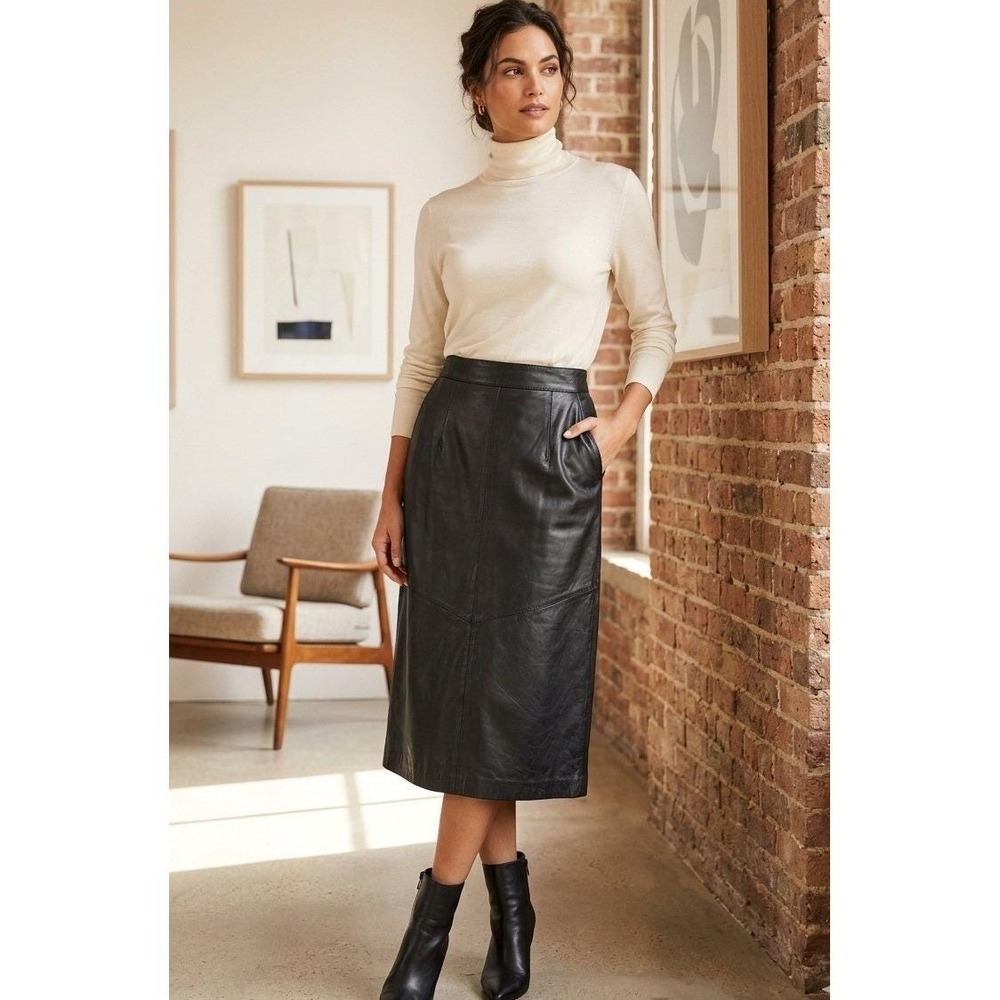 Evan Davies Leather Midi Pencil Skirt 10 Black‎ Nappa Pockets Slit Vintage 90s